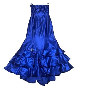 VTG Jessica McClintock Gunne Sax‎ Royal Blue Strapless 90s Bow Ruffle Dress Sz 7